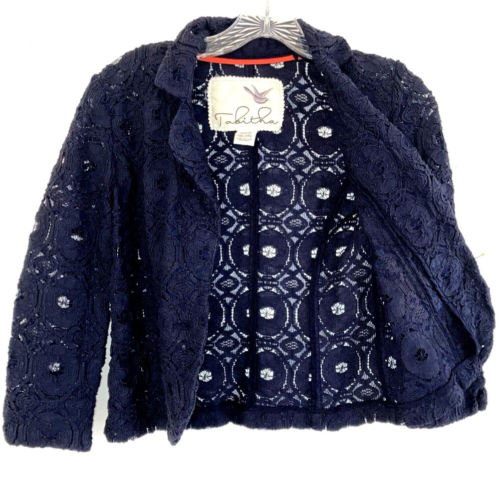 TABITHA ANTHROPOLOGIE XS 0 Dark Blue Lace Cotton Lace Over Top Jacket Crochet